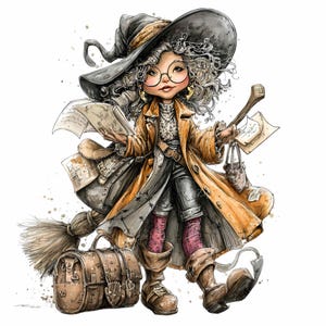 Puede incluir: Ilustración en acuarela de una bruja con cabello gris rizado, que lleva un sombrero negro, gafas redondas y un abrigo color canela. Lleva una escoba, una bolsa y papeles. La bruja está representada en un estilo caprichoso.