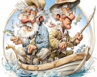 10 PNG Fishing scene – Grandpa PNG clipart – Funny old men illustration for cards, retirement gifts, hobby art and printable decor