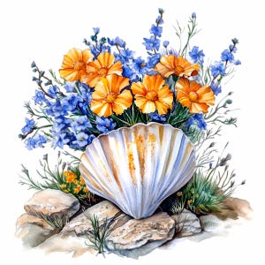 12 PNG de flores de concha: clipart floral costero con flores silvestres naranjas y azules: arte de conchas de playa para manualidades, tarjetas y decoración de verano