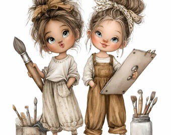 15 Artist Girls Duo Png,  Watercolor Sisters Painting Brush Palette Art