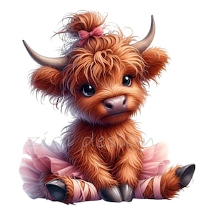 Highland Cow Ballerina PNG Clipart. 12 Cute Baby Cow with Tutu and Top Knot Illustration. Whimsical Animal Dance Art