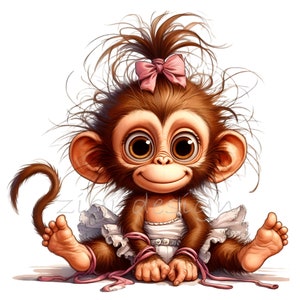 Scimmietta carina PNG in fiocco rosa, 15 PNG Clipart. Illustrazione adorabile di scimmia per la decorazione della cameretta dei bambini. Perfetta per l'arte della sublimazione