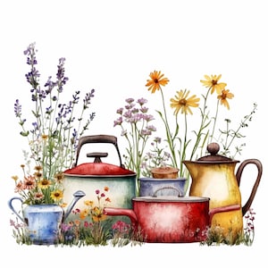 May include: A watercolor painting of a collection of vintage kitchenware, including a red and green tea kettle, a yellow teapot, a red pot, and a blue watering can. The kitchenware is surrounded by a variety of colorful flowers, including lavender, yellow daisies, and pink flowers.