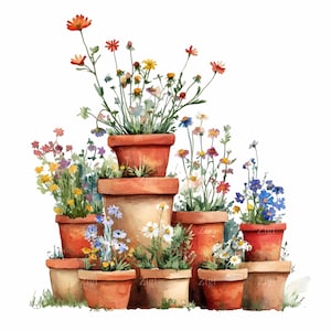May include: A watercolor painting of a stack of terracotta flower pots with various colorful flowers in bloom. The pots are arranged in a pyramid shape, with the largest pot at the bottom and the smallest pot at the top. The flowers are a mix of pink, purple, blue, yellow, and red.