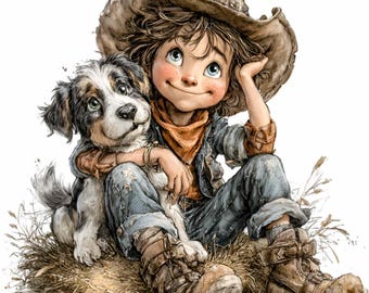 15 PNG Cowboy Kid Clipart, Puppy Companion Illustration, Watercolor Child Western Nursery Storybook