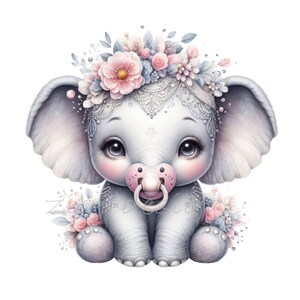 May include: A cute gray elephant with pink cheeks and a pink pacifier sits with a floral crown on its head. The flowers are pink, white, and blue.