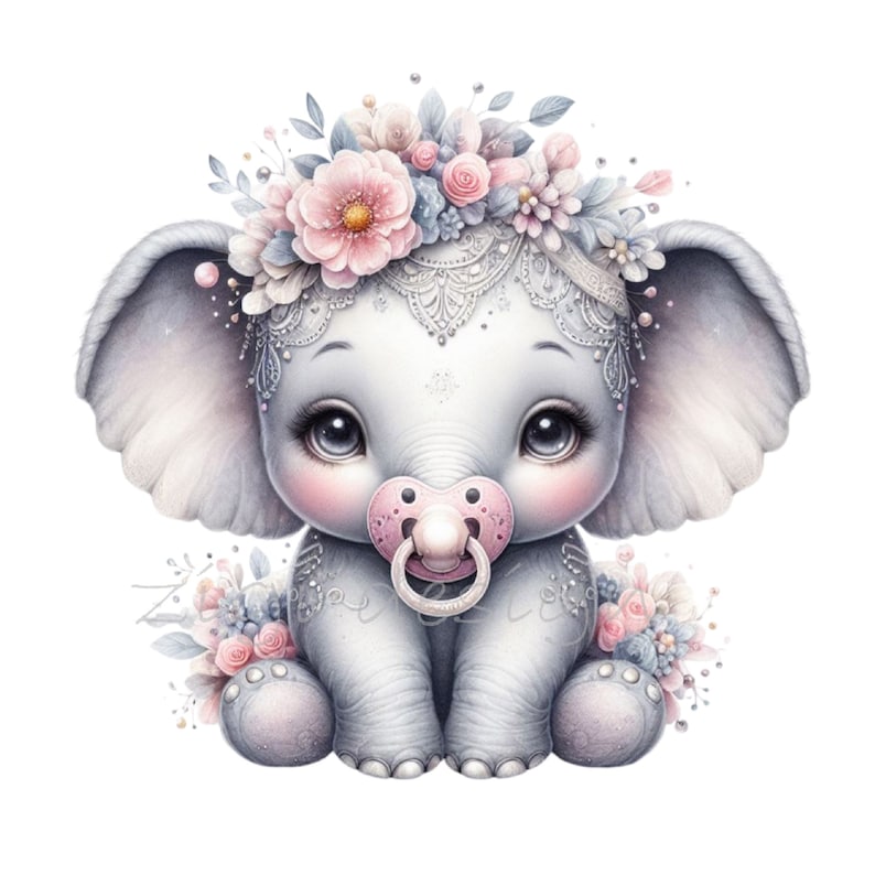 May include: A cute gray elephant with pink cheeks and a pink pacifier sits with a floral crown on its head. The flowers are pink, white, and blue.