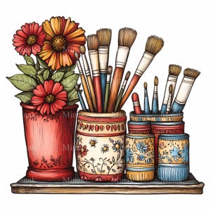 May include: A set of four colorful ceramic jars with floral patterns, holding a collection of paintbrushes. The jars are arranged on a wooden shelf with a bouquet of red and orange flowers in a red ceramic vase.