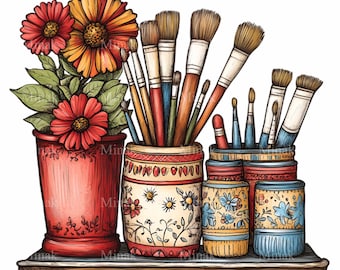 May include: A set of four colorful ceramic jars with floral patterns, holding a collection of paintbrushes. The jars are arranged on a wooden shelf with a bouquet of red and orange flowers in a red ceramic vase.