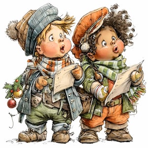 11 PNG Holiday singers – Caroling kids PNG clipart – Cute Christmas illustration for festive cards, crafts and winter season decorations