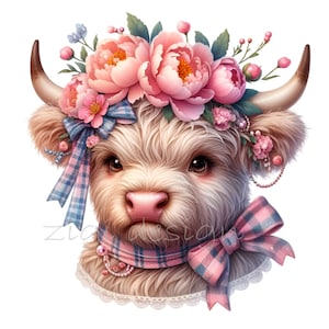 10 Highland Cow PNG-clipart - bloemen kroon koe met roze neus en pastel strik - schattige boerderijdieren kunst voor meisjes decor en geschenken