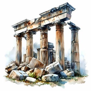16 imágenes prediseñadas de ruinas antiguas en formato JPG: columnas de templos griegos, arquitectura histórica en acuarela (JPEG), arte clásico patrimonial, descarga instantánea