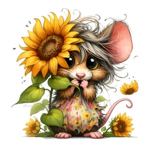12 PNG Clipart de ratón girasol – Lindo roedor PNG – Arte animal caprichoso para manualidades de otoño, decoración infantil, impresiones de jardín e invitaciones