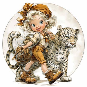 12枚のJPEGサファリガールクリップアート - ヒョウと金髪の探検家 - 子供部屋の装飾や野生動物の工作プロジェクトのためのジャングルアドベンチャーイラスト