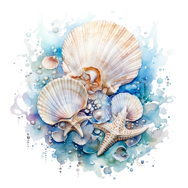 Sea Shells Clipart 10 PNG, Watercolor Seashells Underwater Ocean Beach Under the Sea Illustration Card Making, Junk Journal