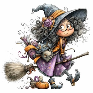 May include: A whimsical illustration of a cartoon witch flying on a broom. She wears a large gray hat with a floral accent, round glasses, and a purple dress. A pumpkin and cart are behind her. The witch is smiling.
