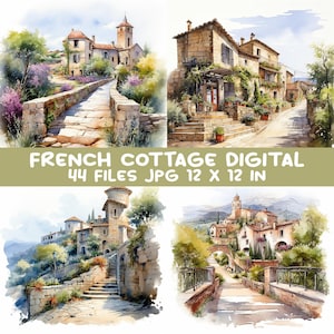 44 JPEG French Village – Paesaggio di cottage JPG Clipart – Stampe digitali di case in pietra e strade per decorazioni da viaggio, pacchetto artistico 12x12