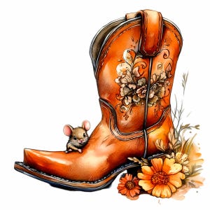 18 botas vaqueras occidentales PNG Clipart - Bota de cuero floral con un lindo ratón y flores silvestres - Descarga digital rústica campestre