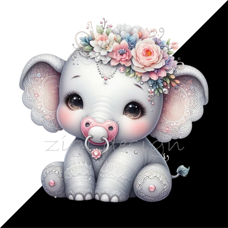 May include: A cute, gray elephant with pink cheeks and a pink pacifier. The elephant is wearing a white lace headband with pink and blue flowers.