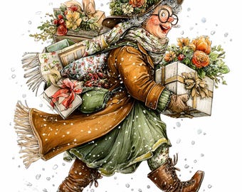 May include: Watercolor illustration of a woman walking in the snow, carrying gifts and flowers. She wears a brown coat, green dress, and brown boots. A scarf and hat complete her winter attire. The image has a festive, holiday theme.