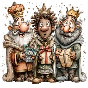 Könnte beinhalten: Illustration von drei Cartoon-Königen, die Kronen tragen und Geschenke halten. Die Könige haben ausdrucksstarke Gesichter und sind in aufwendigen Roben gekleidet. Ein König hält eine blaue Geschenkbox, ein anderer ein Geschenk mit roter Schleife und der dritte eine braune Box.