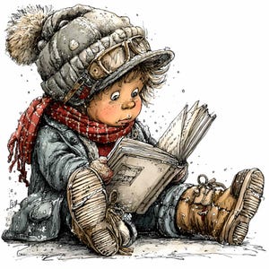 10 PNG雪の日の読書クリップアート – 本を持つ冬の少年PNG – 教室、工芸、日記のためのヴィンテージの子供のイラスト