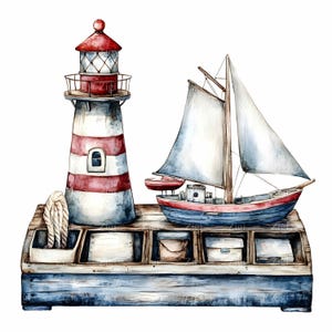 42 JPEG Clipart z dekoracjami marynistycznymi – Latarnia morska i żaglówka JPG – Sztuka ścienna w stylu nadmorskim do domu na plaży lub dekoracji pokoju dziecięcego w stylu oceanicznym