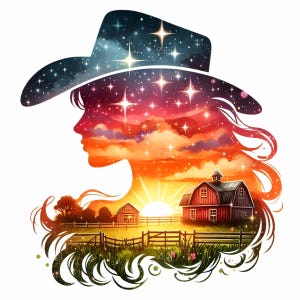 12 PNG Silueta de granja al atardecer – Vaquera PNG – Clipart de estilo country occidental para decoración de ranchos, sublimación y proyectos de arte digital