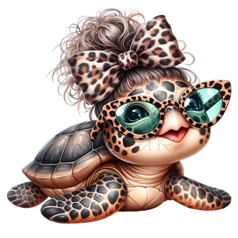 May include: A cartoon turtle with a brown shell and a leopard print bow in its hair. The turtle is wearing teal sunglasses with a leopard print frame.