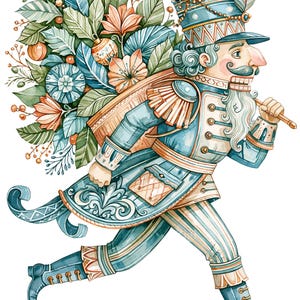 Peut inclure: Une illustration à l'aquarelle d'un soldat casse-noisette en uniforme bleu et blanc, portant un haut chapeau avec une plume. Le personnage porte un grand paquet de feuillage vert, de baies orange et de fleurs sur le dos en marchant.