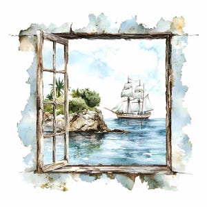 20 JPEG voilier vue fenêtre clipart aquarelle, scène de l'océan avec île tropicale, art déco nautique, téléchargement numérique JPG