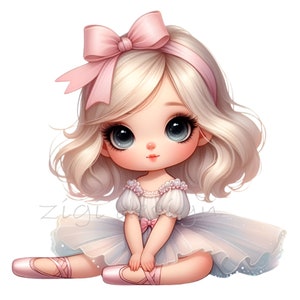 May include: A young girl with blonde hair and a pink bow in her hair is wearing a light blue tutu and pink ballet shoes. She is sitting with her legs crossed and her hands clasped in her lap.
