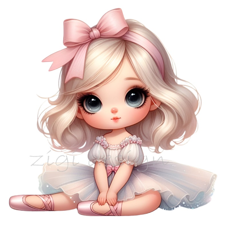 May include: A young girl with blonde hair and a pink bow in her hair is wearing a light blue tutu and pink ballet shoes. She is sitting with her legs crossed and her hands clasped in her lap.