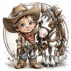 May include: A cartoon illustration of a child dressed as a cowboy, wearing a brown hat, jacket, and boots, with a red bandana. The child is standing next to a brown and white horse with a saddle and bridle. The image has a watercolor style.