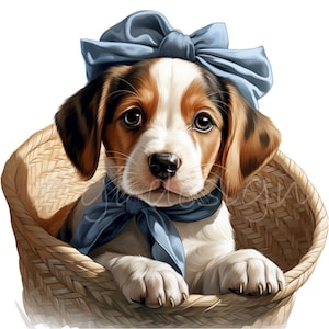 10 PNG Adorable cachorro en canasta con lazo azul – Lindo perro clipart PNG – Perfecto para amantes de las mascotas, manualidades infantiles y scrapbooking digital