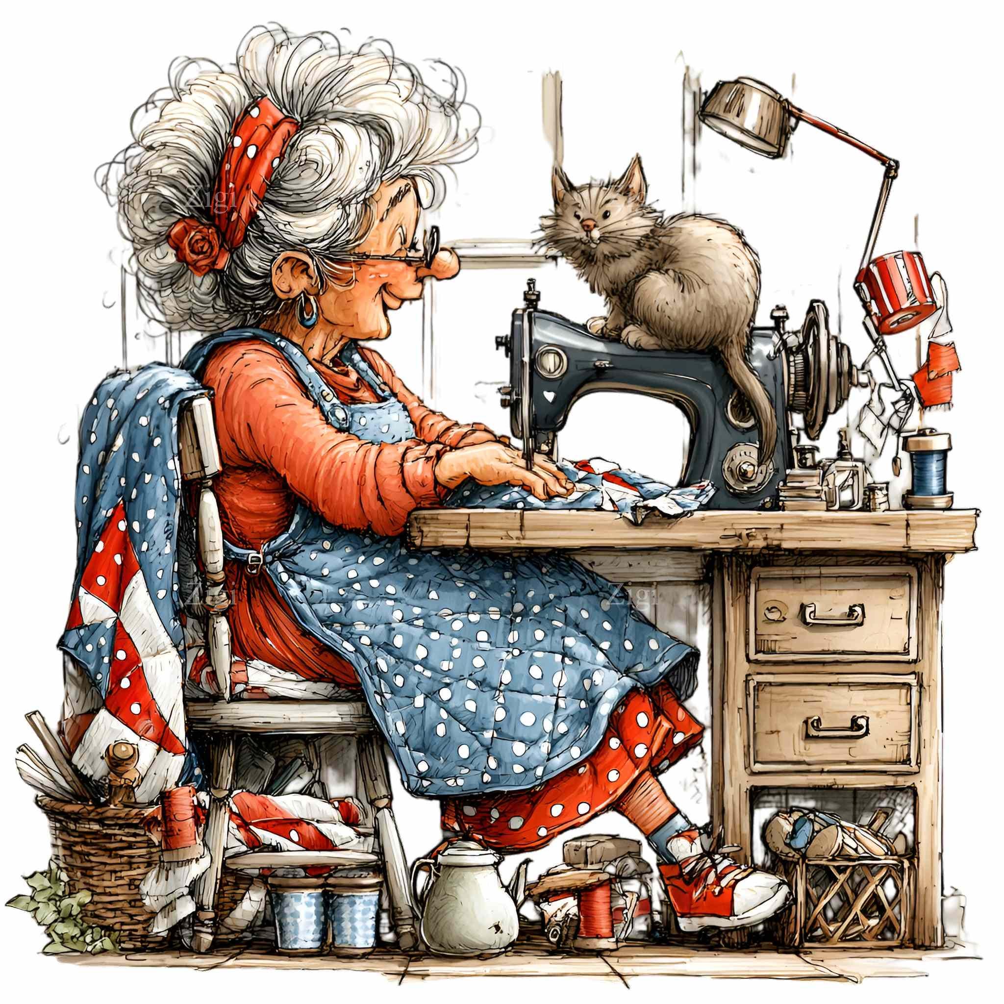 12 PNG Grandma Sewing Clipart, Cat Quilting Machine Craft Design - Etsy