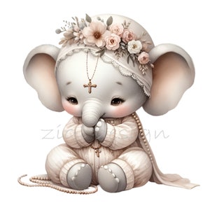 12 imágenes prediseñadas de elefantes de oración (PNG): linda ilustración PNG. Arte cristiano infantil para bautizos, baby showers y manualidades religiosas.