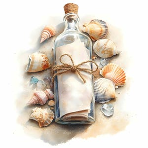 36 JPEG Clipart z plażową butelką – Wiadomość w butelce JPG – Morska sztuka nadmorska do wystroju nadmorskiego, nadruk z motywem oceanu lub letnie zaproszenia