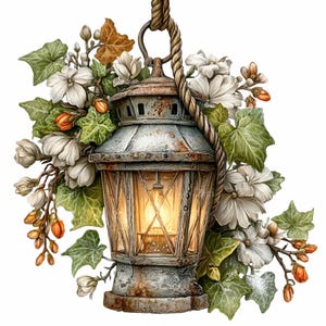 May include: A rustic metal lantern with a warm light, adorned with white flowers, green ivy, and orange buds. The lantern hangs from a rope. The design has a vintage, floral theme, with a weathered metal finish and a warm, inviting glow.