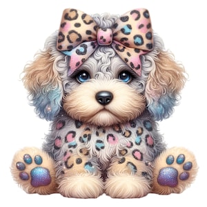 10 Clipart PNG di cuccioli con stampa leopardata, illustrazione di cani glamour, arte digitale carina per artigianato e arredamento