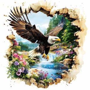16 JPEG Majestic Bald Eagle Clipart - Águia voando sobre paisagens cênicas - Natureza Vida Selvagem JPEG Arte para artesanato