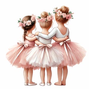 14 bailarinas PNG Clipart Descarga digital – Tres jóvenes bailarinas de ballet con tutús rosados y blancos y diademas florales