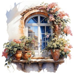 Image clipart fleur pour fenêtre PNG - Balcon méditerranéen PNG - Scène florale rustique pour fenêtre pour impression estivale, décoration, invitations et scrapbooking