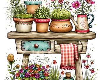 15 PNG Potting Bench, Garden Table Succulent Plant Watering Can Art