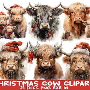 21 PNG Vache de Noël PNG - Clipart hiver Highland - Art animalier de ferme de vacances mignon pour sublimation, cartes, cadeaux, travaux manuels, chemises