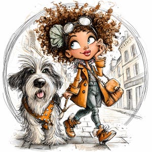 23 JPEG Girl walking dog clipart – City stroll cartoon JPG – Fun curly hair illustration for planner pages, pet prints, crafts