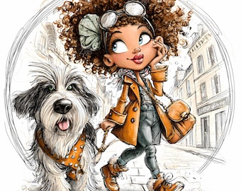 23 JPG Girl and Dog City Stroll Clipart – Curly Hair Illustration