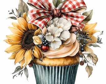 16 PNG Sunflower Cupcake, Autumn Floral Gingham Dessert Clipart
