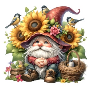 15 PNG Girassol Gnomo PNG Clipart - Gnomo de Jardim Fofo com Pássaros e Flores em Chapéu de Verão - Arte Digital da Natureza Caprichosa