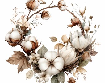 16 Cotton Flower Wreath Png, Farmhouse Botanical Sublimation